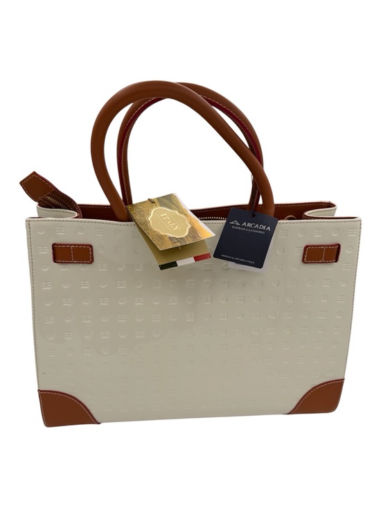 Arcadia Handbags - Arcadia Patent Leather Cream Tote with Brown Leather Accents